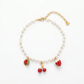 QIAOREN 13323 Fruit Themed Pearl Anklet with Watermelon, Cherry & Strawberry Charms, Cute Summer Foot Jewelry Gift