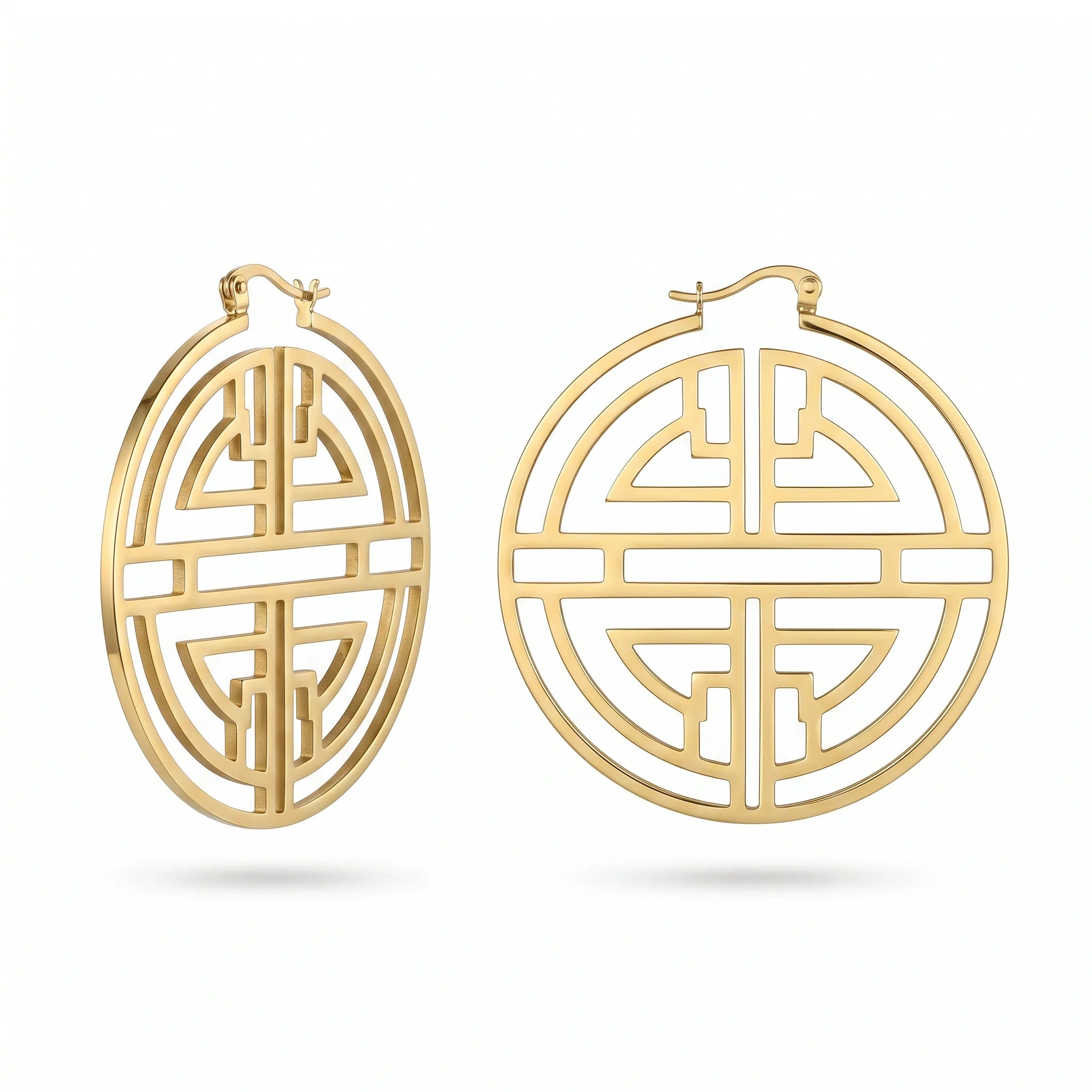 QIAOREN 11186 Vintage Chinese Style Hoop Earrings Gold Stainless Steel Hollow Geometric Statement Earrings for Women