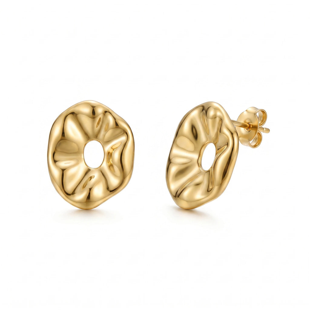 QIAOREN 14029 Polished Gold Irregular Wavy Hollow Circle Stud Earrings, Crinkled Abstract Donut Shape Ear Stud Jewelry Gift