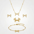 QIAOREN 11583 Tarnish Free 18K Gold Stainless Steel Bow Jewelry Set 4PCS Necklace Bracelet Ring Stud Earrings
