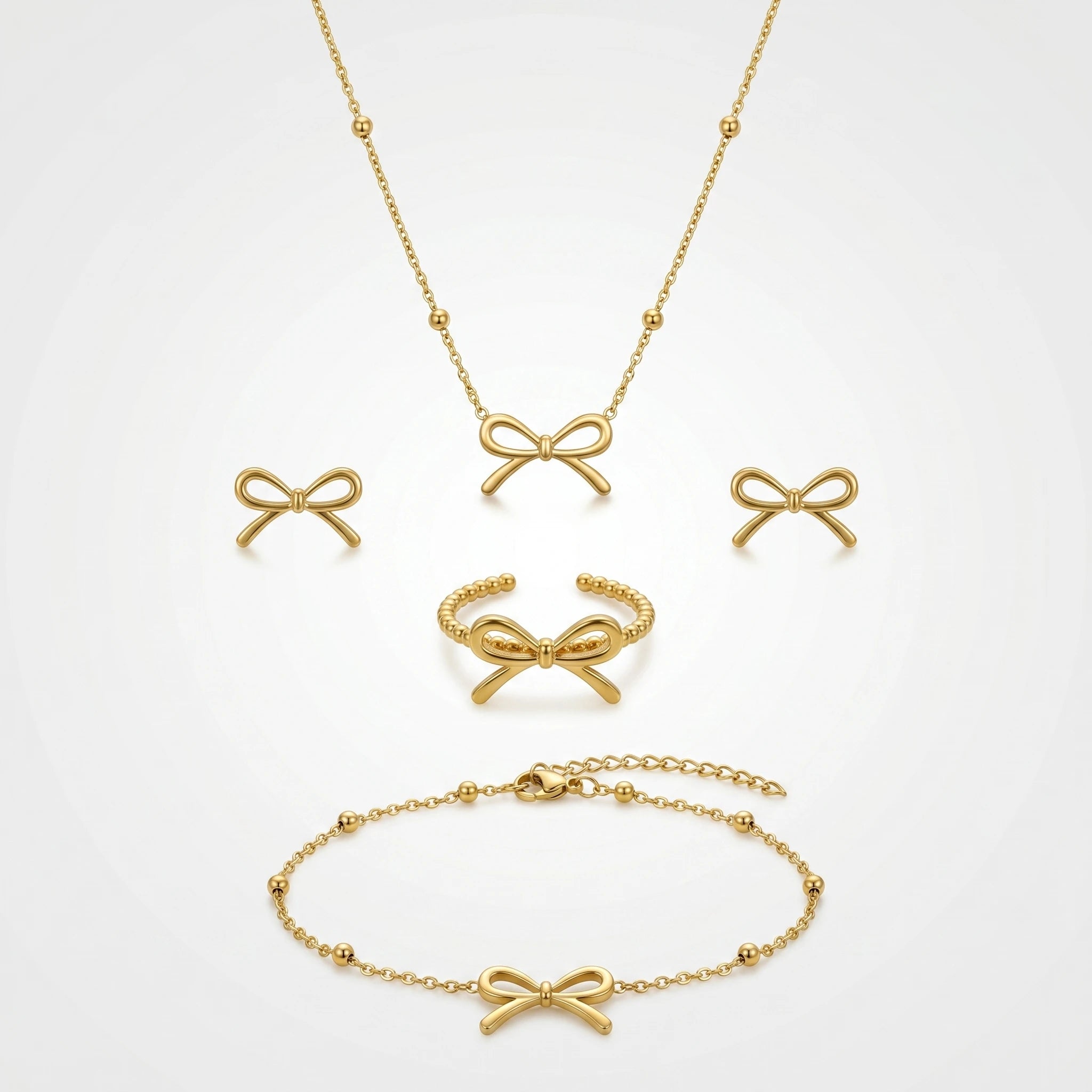 QIAOREN 11583 Tarnish Free 18K Gold Stainless Steel Bow Jewelry Set 4PCS Necklace Bracelet Ring Stud Earrings
