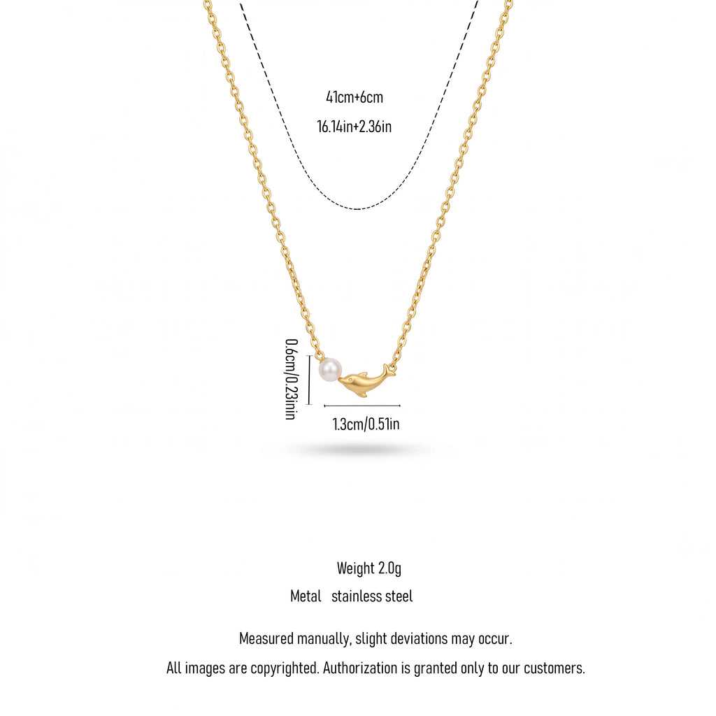 QIAOREN 13931 Thin Oval Link Chain Pendant Necklace with Mini Smiling Dolphin Charm & Single Smooth White Pearl