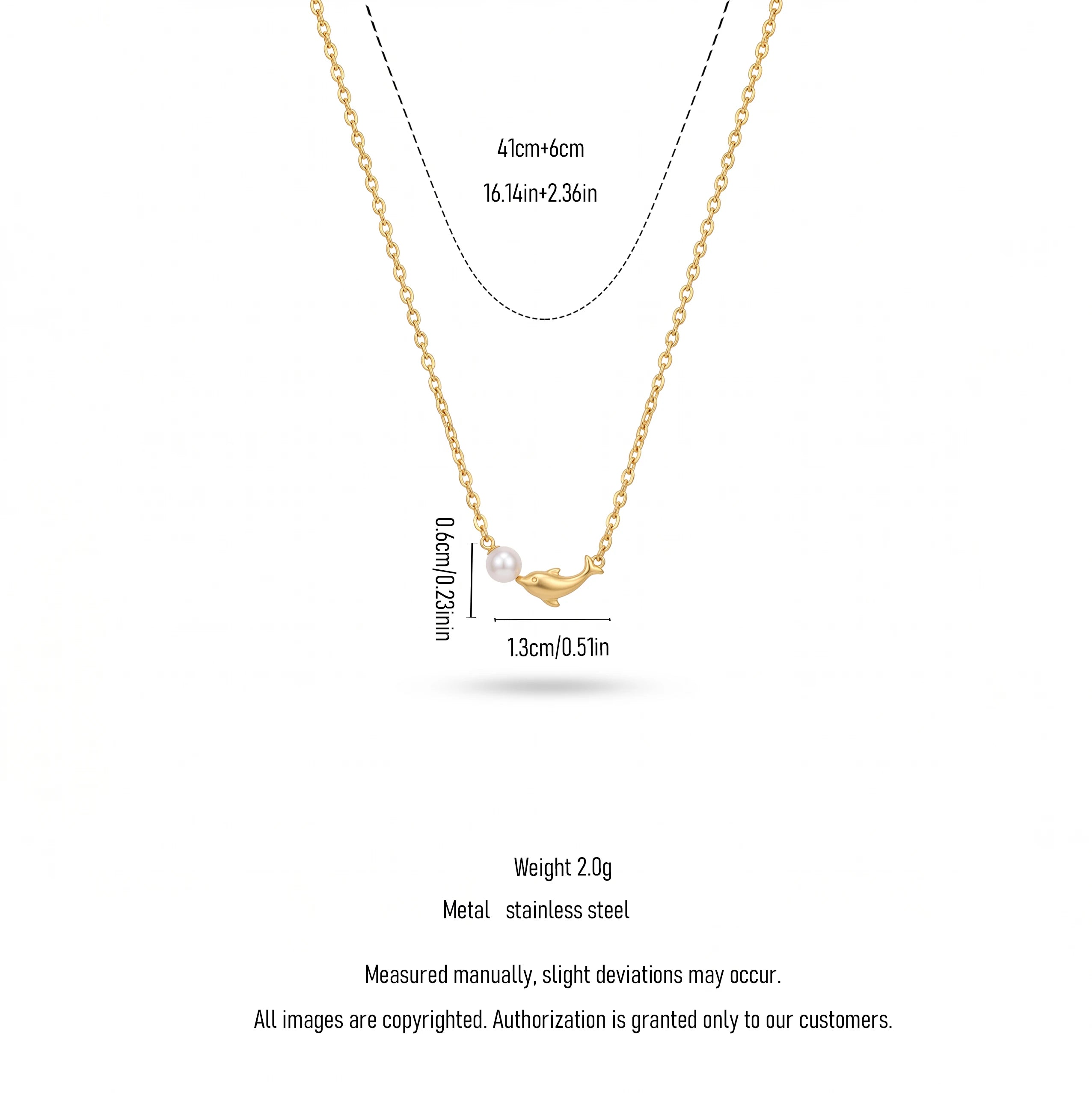 QIAOREN 13931 Thin Oval Link Chain Pendant Necklace with Mini Smiling Dolphin Charm & Single Smooth White Pearl