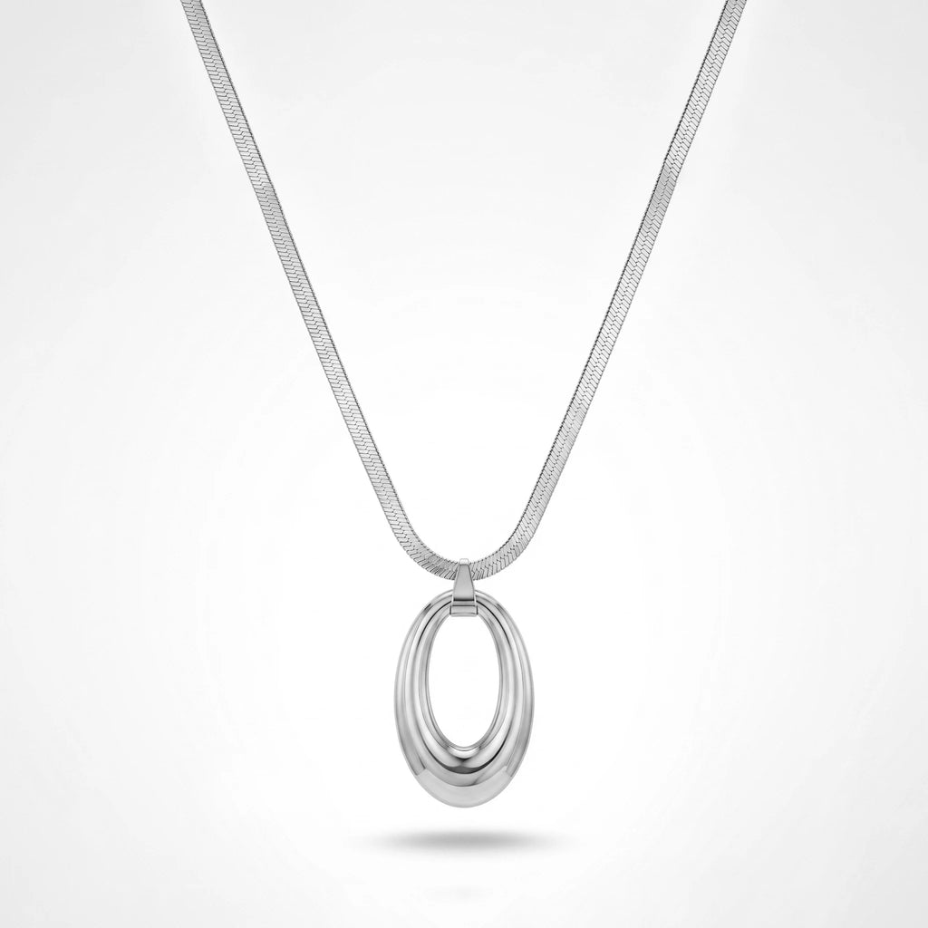 QIAOREN 13159 Gold Plated Oval Pendant Necklace Stainless Steel Herringbone Snake Chain Minimalist Statement Jewelry for Women