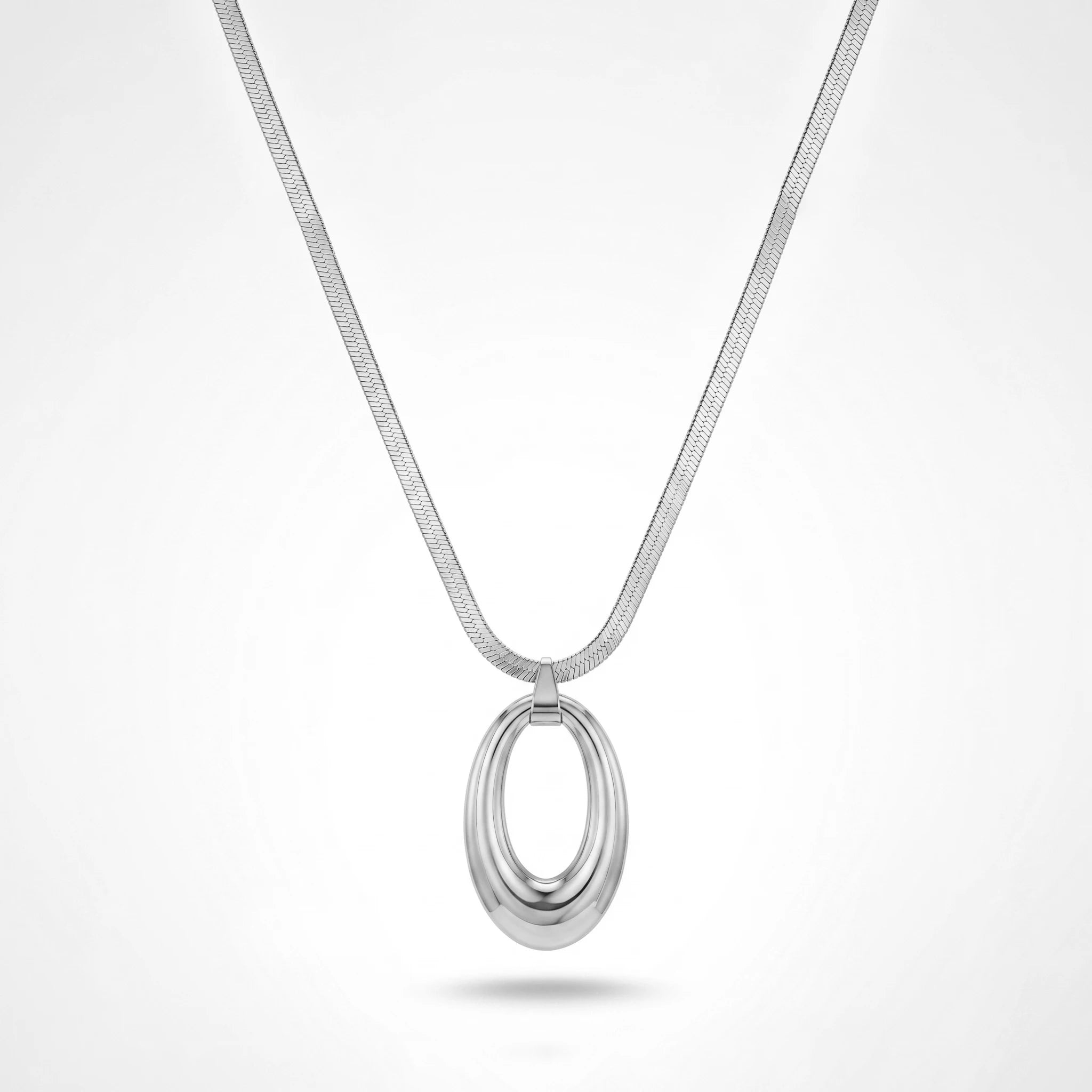 QIAOREN 13159 Gold Plated Oval Pendant Necklace Stainless Steel Herringbone Snake Chain Minimalist Statement Jewelry for Women