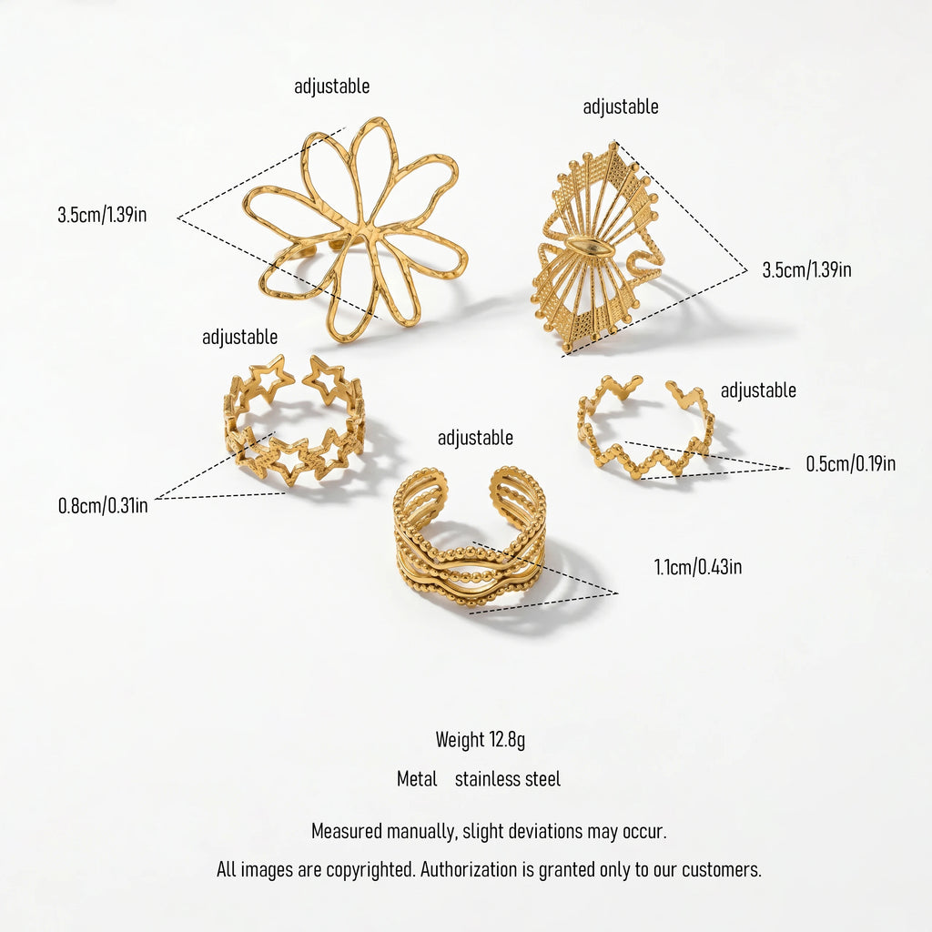 QIAOREN 13076-80 5Pcs 18K Gold Plated Stainless Steel Open Ring Set, Adjustable Stackable Flower & Heart Finger Rings