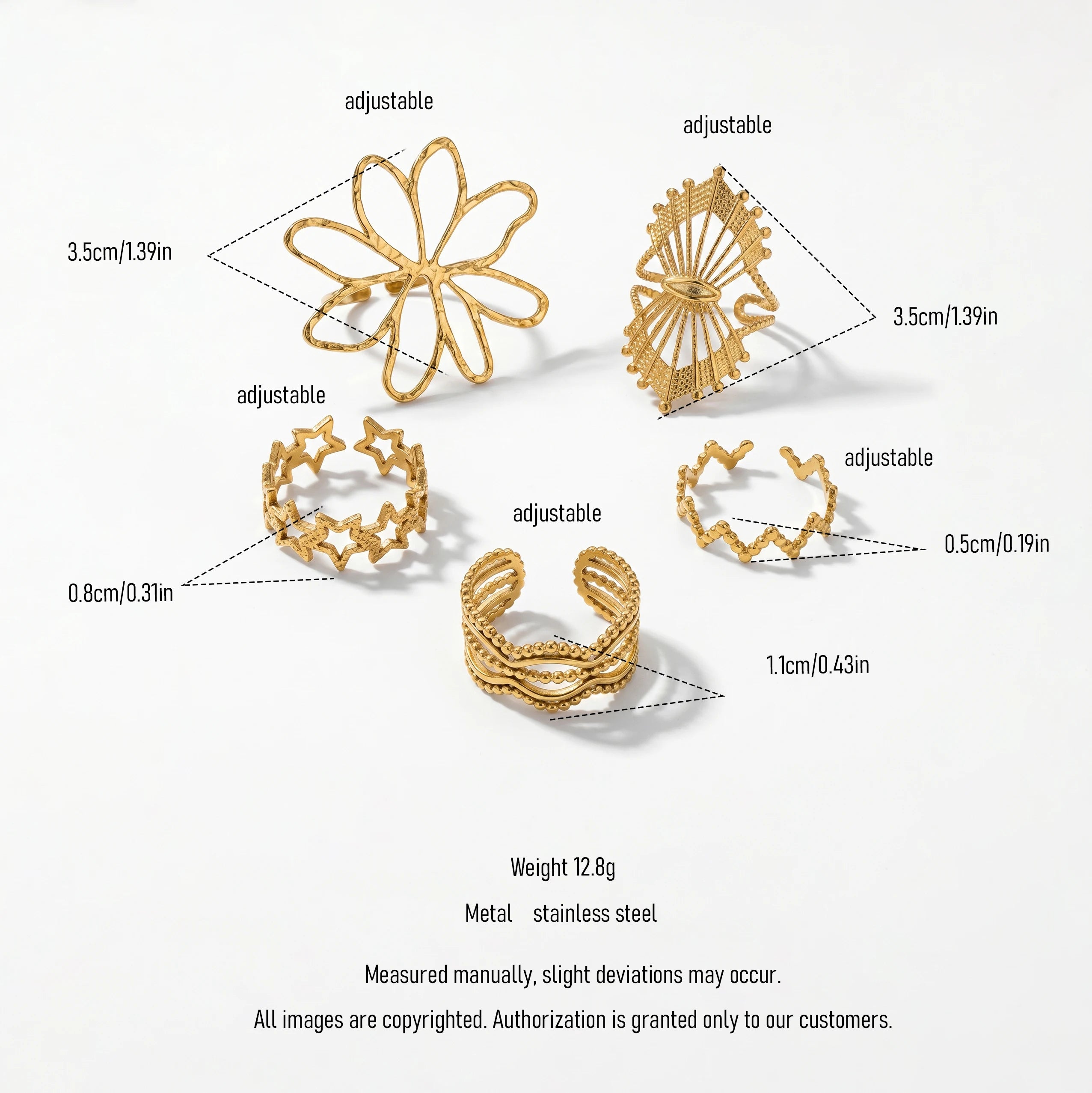 QIAOREN 13076-80 5Pcs 18K Gold Plated Stainless Steel Open Ring Set, Adjustable Stackable Flower & Heart Finger Rings