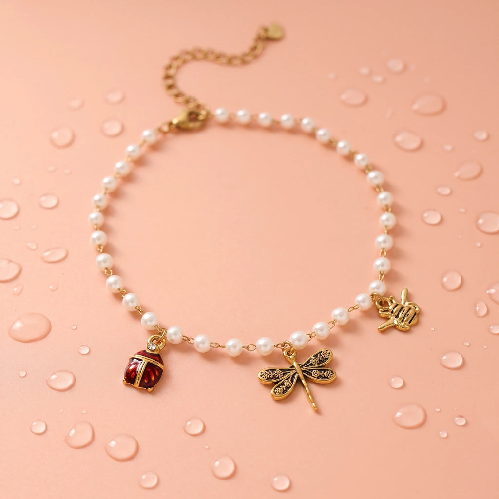 QIAOREN 13307 Vintage Insect Charm Pearl Anklet Stainless Steel Dragonfly Bee Ladybug Lobster Clasp Heart Extension Chain
