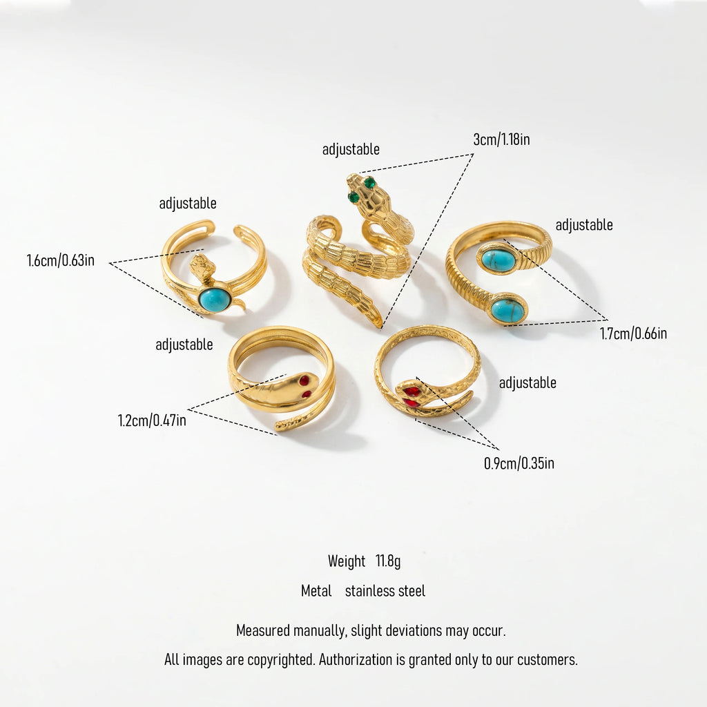 QIAOREN 5Pcs Gold Stainless Steel Turquoise Open Ring Set Irregular Hammered Crown Adjustable Boho Stackable Rings