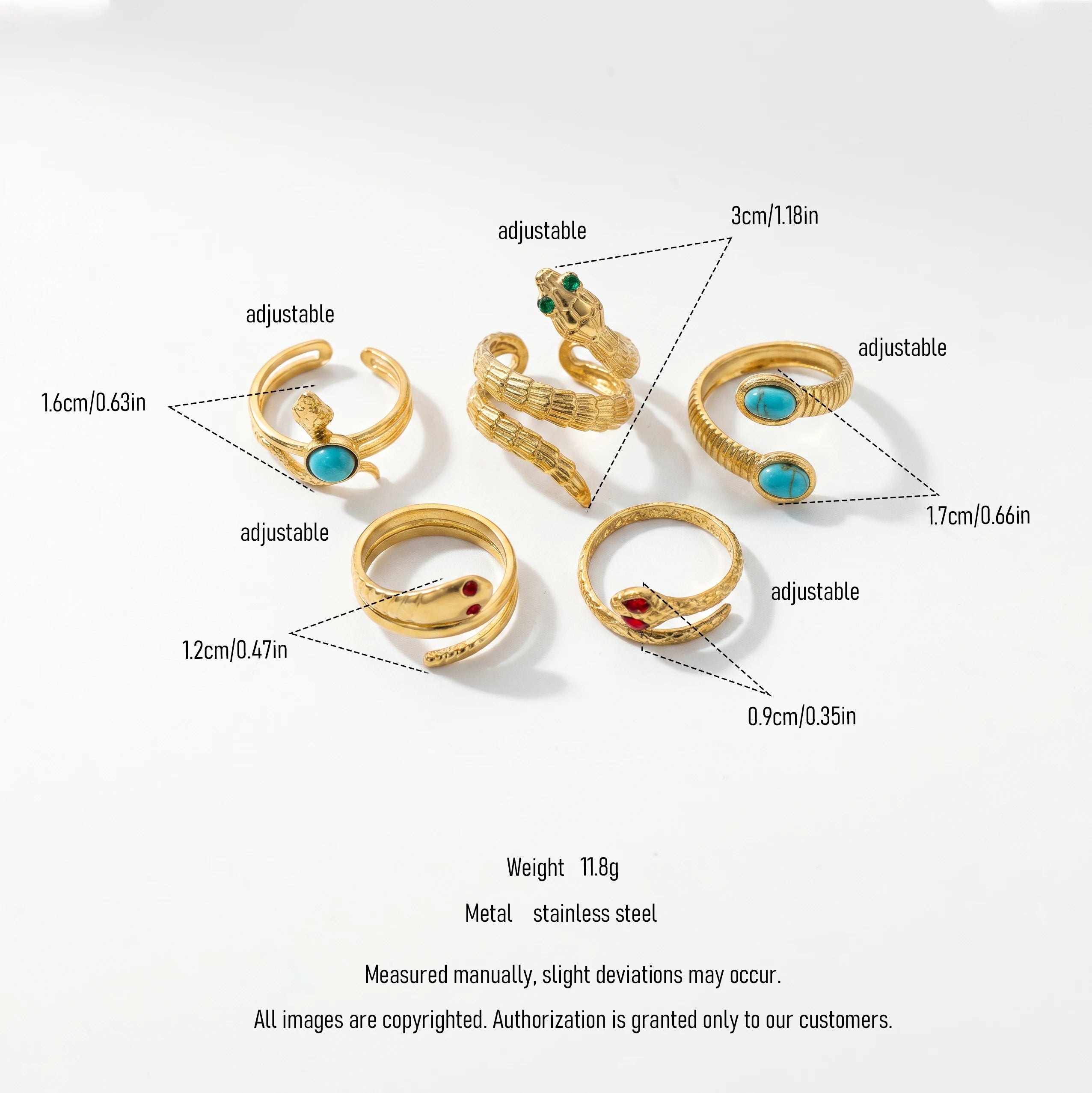 QIAOREN 5Pcs Gold Stainless Steel Turquoise Open Ring Set Irregular Hammered Crown Adjustable Boho Stackable Rings