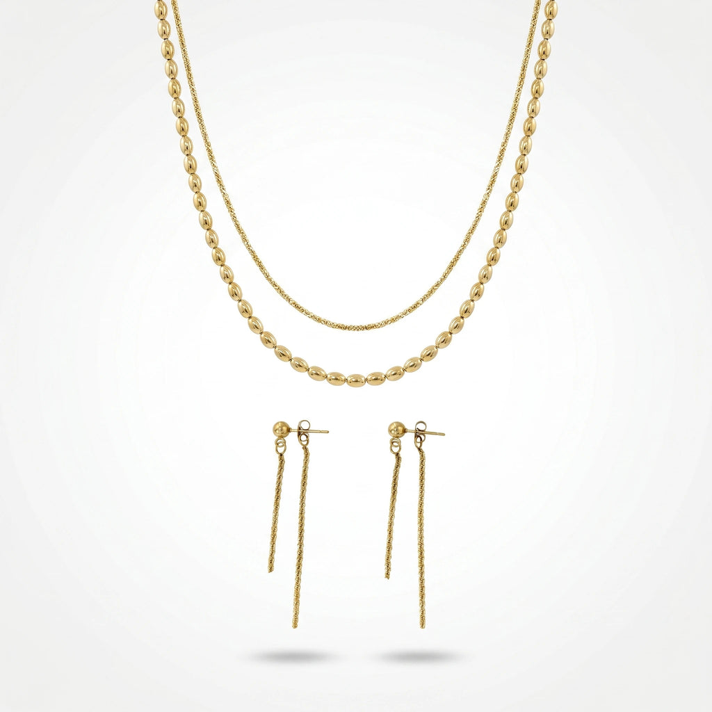 QIAOREN 11542 18K Gold Plated Oval Bead Chain & Tassel Drop Earrings Set Stainless Steel Tarnish Free
