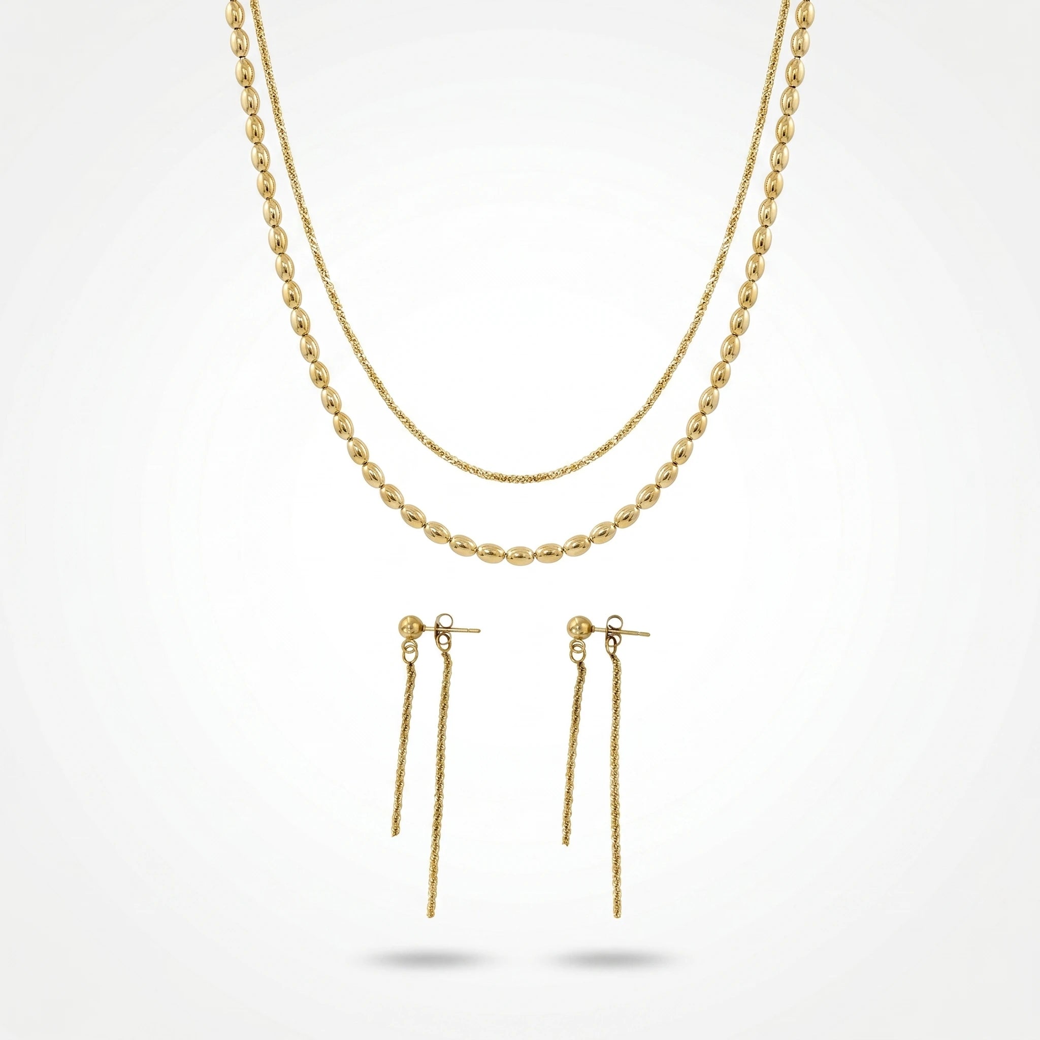 QIAOREN 11542 18K Gold Plated Oval Bead Chain & Tassel Drop Earrings Set Stainless Steel Tarnish Free