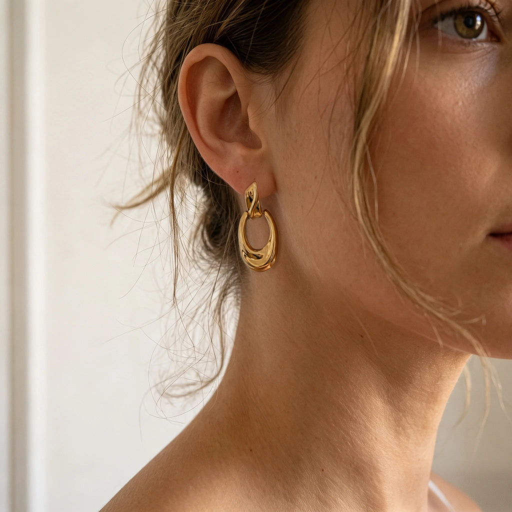 QIAOREN 14551 Twisted Leaf Teardrop Thick Tube Stud Earrings, Polished Gold Interlocked Earrings, Hypoallergenic Jewelry Gift