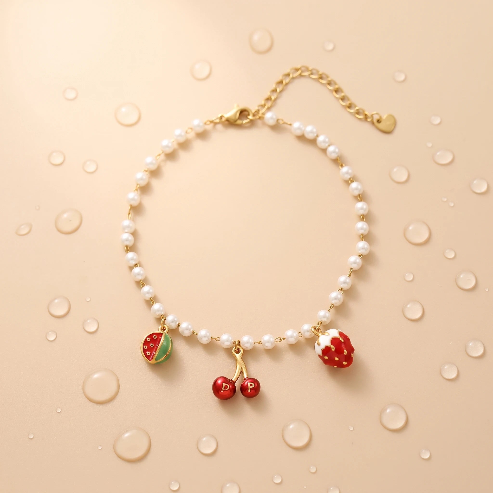 QIAOREN 13323 Fruit Themed Pearl Anklet with Watermelon, Cherry & Strawberry Charms, Cute Summer Foot Jewelry Gift