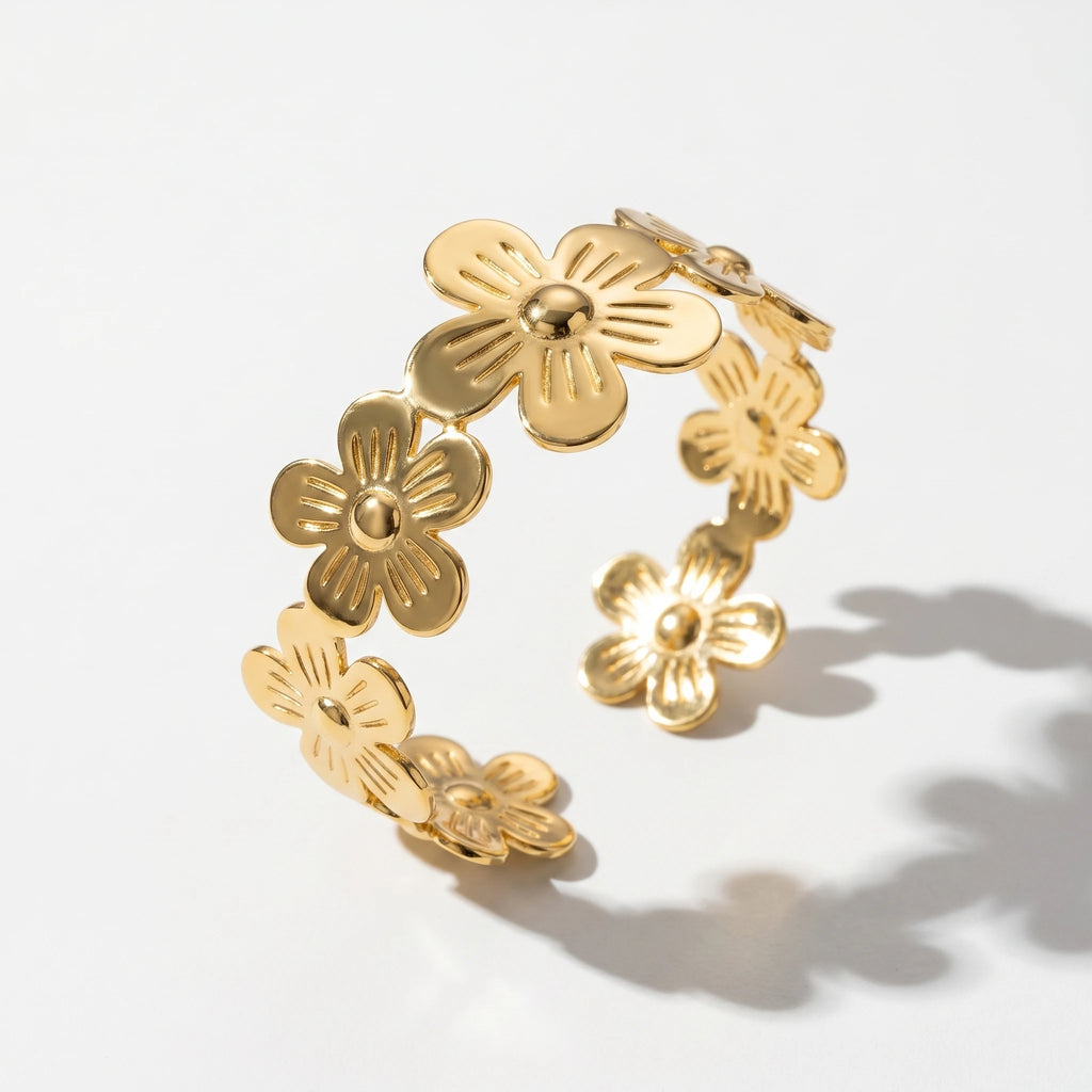 QIAOREN 12709 Sleek Embossed Floral Cluster Adjustable Wide Open Cuff Bracelet Tarnish Free Stainless Steel 18K Gold Lightweight