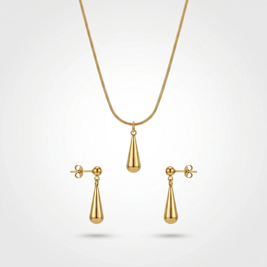 QIAOREN 10606 Women's Teardrop Pendant Necklace Earring Set 18K Gold Plated Stainless Steel Waterproof Tarnish Free Jewelry