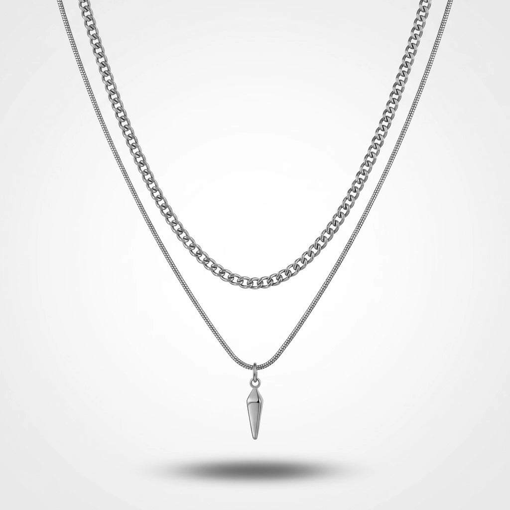 QIAOREN 10794 Layered Chain Spike Pendant Necklace 18K Gold Plated Stainless Steel Waterproof Non-Tarnish Unisex Gift Jewelry