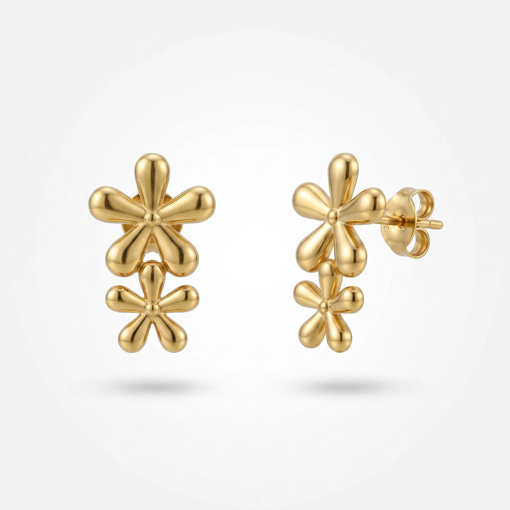 QIAOREN 14031 Polished Gold Double Five Petal Flower Drop Stud Earrings, Vertical Stacked Floral Ear Stud Jewelry Gift