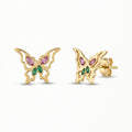 QIAOREN 14011 Hollow Butterfly Stud Earrings Inlaid Pink and Green Marquise Cut CZ Stones, Colorful Crystal Ear Stud