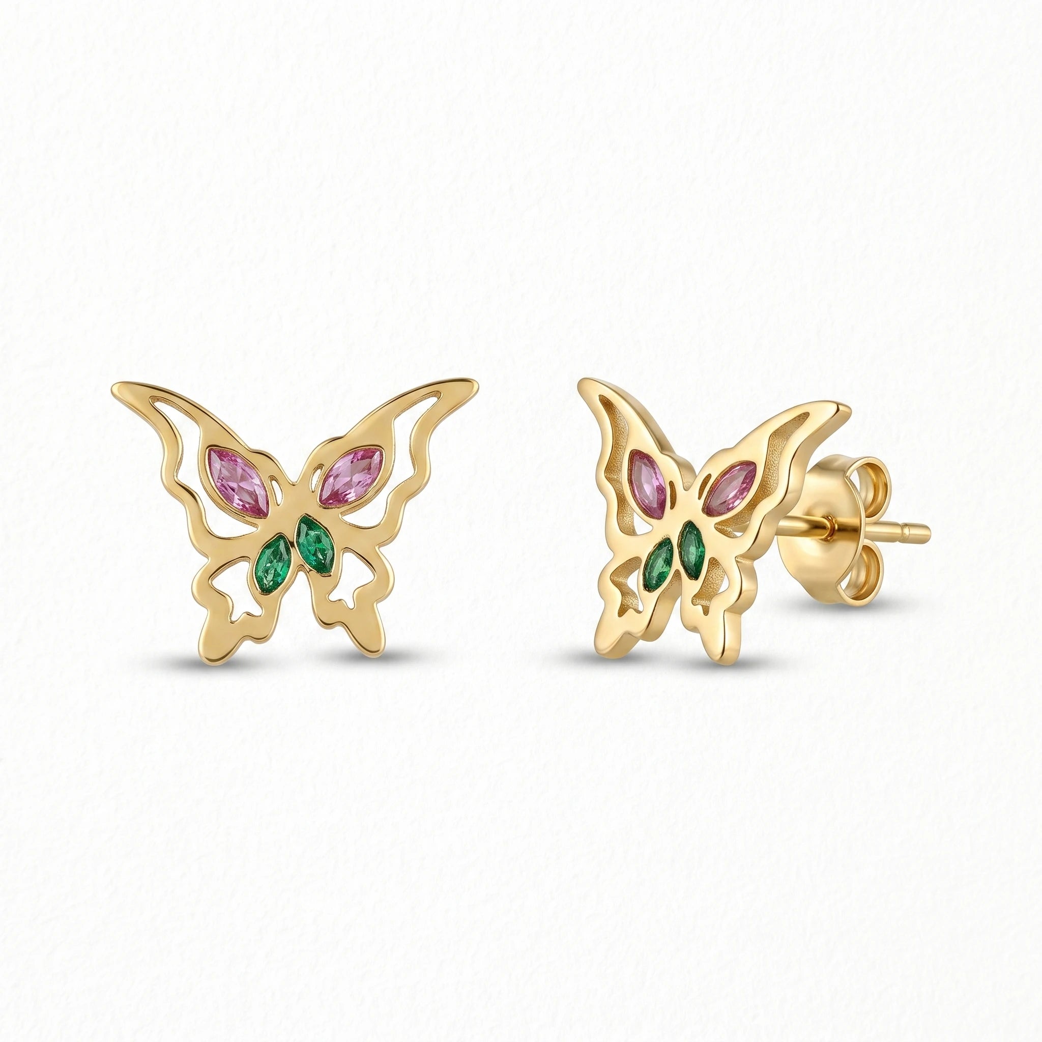 QIAOREN 14011 Hollow Butterfly Stud Earrings Inlaid Pink and Green Marquise Cut CZ Stones, Colorful Crystal Ear Stud