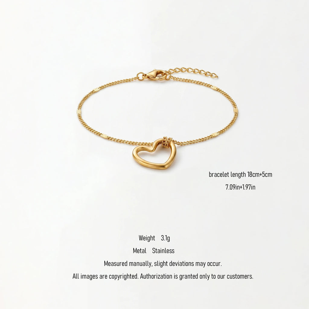 QIAOREN Hypoallergenic Waterproof Stainless Steel Bracelet Dainty Hollow Heart 18K Gold Plated Tarnish Free Fashion Jewelry