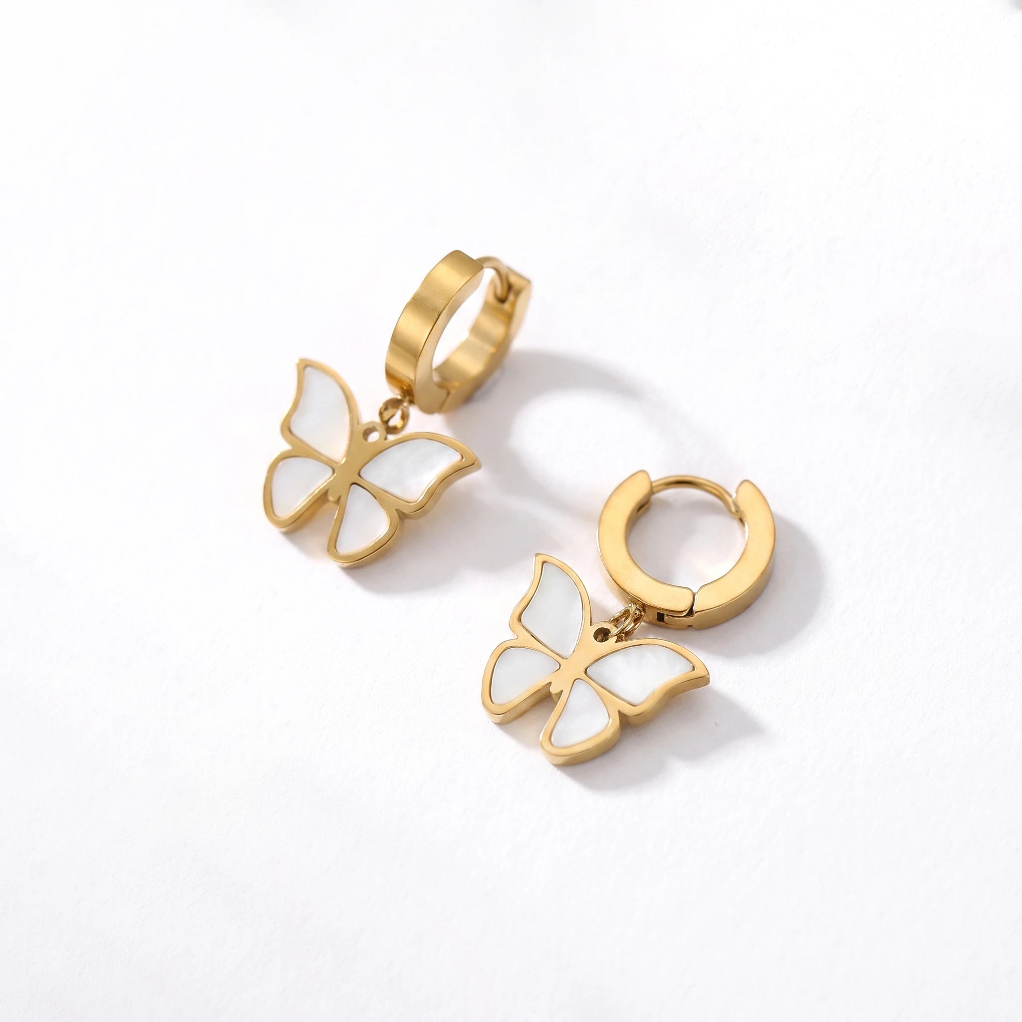 QIAOREN 13441 Butterfly Huggie Stud Gold Tone MOP Shell Dangle Earrings Minimal Trendy Ear Jewelry Women Daily Stackable Gift
