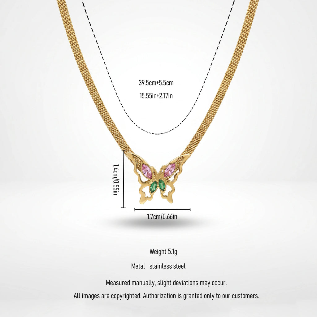 QIAOREN 14008 Wide Mesh Snake Chain Pendant Necklace with Hollow Butterfly Charm Inlaid Pink and Green Marquise CZ Stones