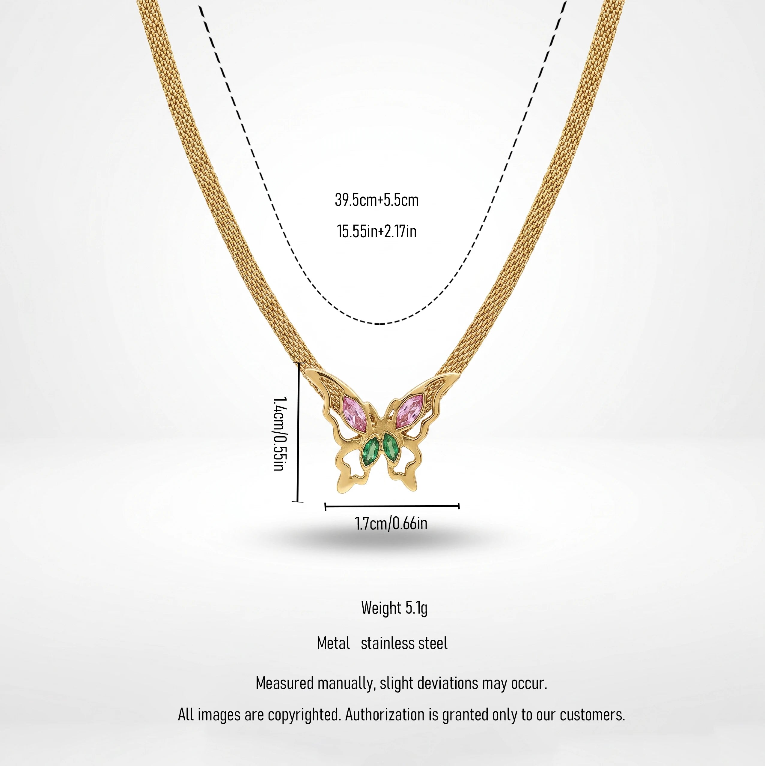 QIAOREN 14008 Wide Mesh Snake Chain Pendant Necklace with Hollow Butterfly Charm Inlaid Pink and Green Marquise CZ Stones