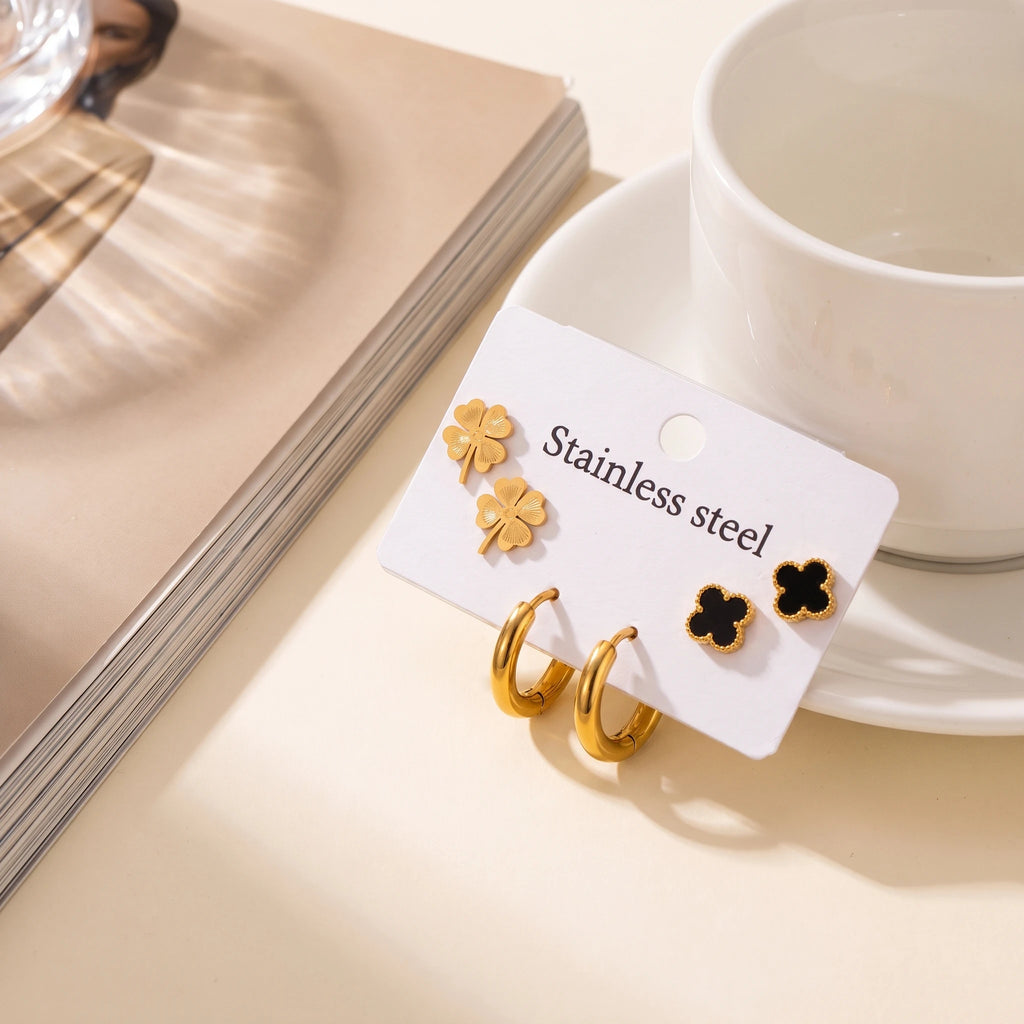QIAOREN 14462 3 Pair Gold Stainless Steel Earrings Set, Textured Clover Studs, Black Enamel Clover Studs & Chunky Earrings