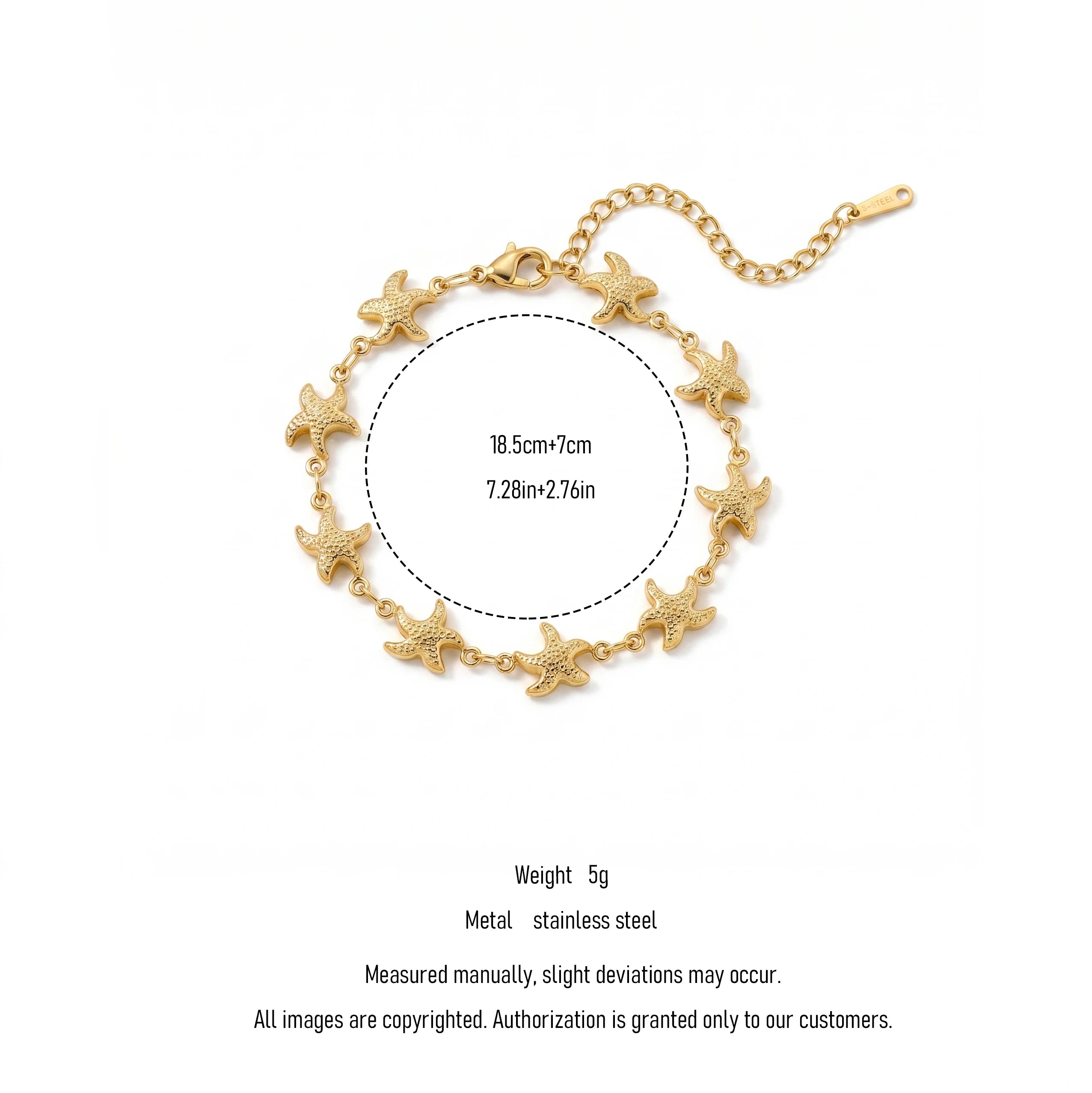 QIAOREN 12037USA Non Tarnish Stainless Steel Grainy Starfish Link Bracelet Adjustable Clasp Summer Coastal Style  Wear Jewelry