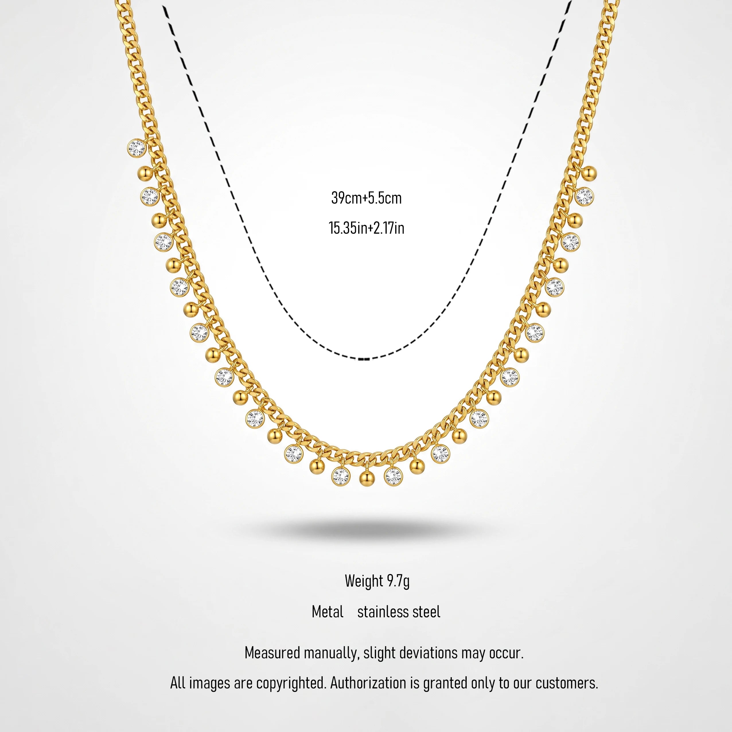 QIAOREN 13501 Chunky Cuban Chain Choker Necklace with Dangle Round Ball & Bezel Crystal Charms, Dainty Gold Station Necklace