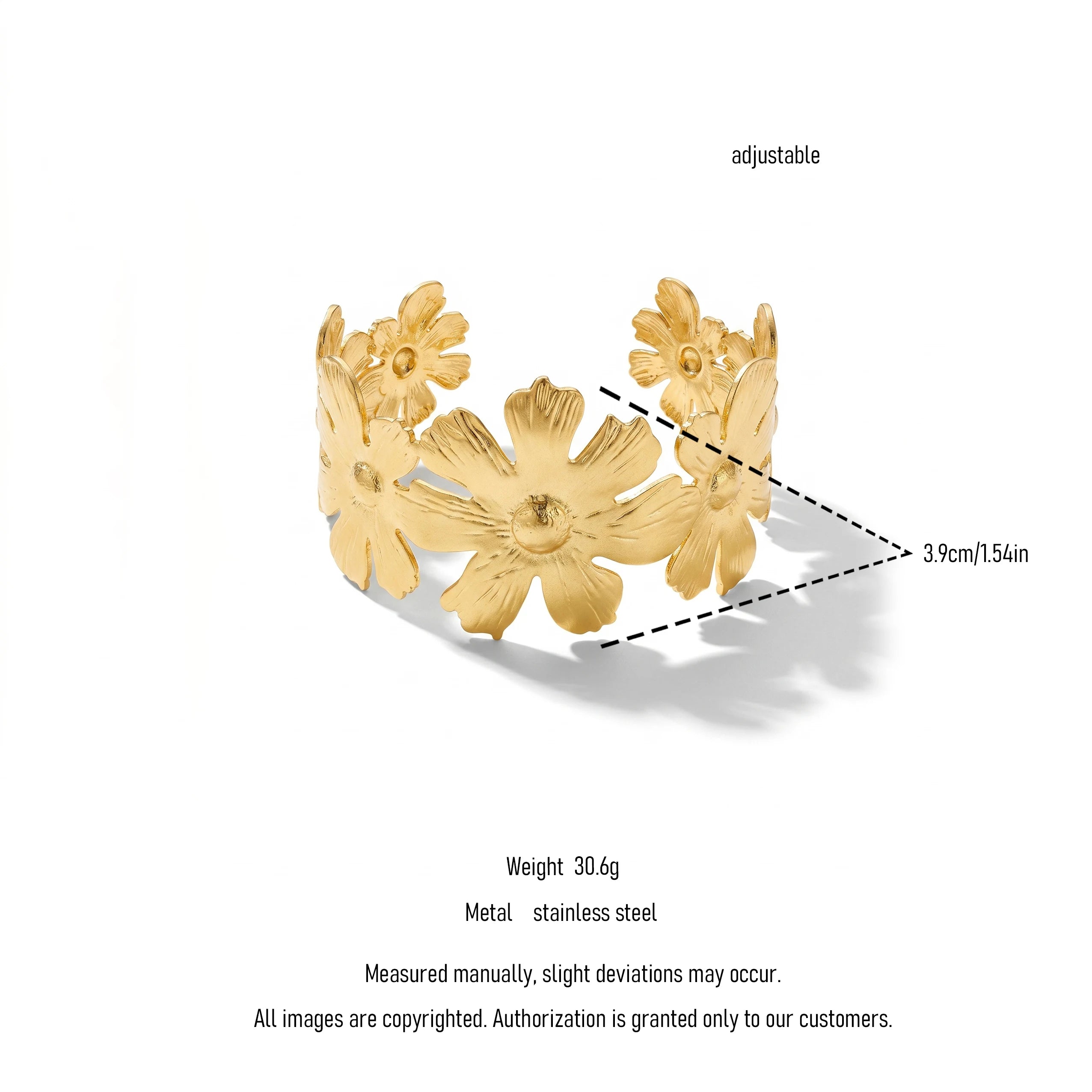 QIAOREN 12699Boho Irregular Big Small Flower Open Gold Bangle Hypoallergenic Stainless Steel Floral Stackable Bracelet Wholesale