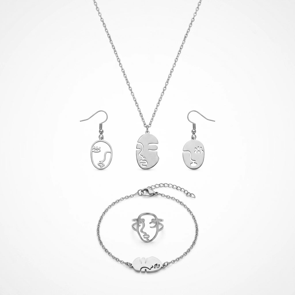 QIAOREN12141Ins Minimalist Abstract Human Face Cutout Stainless Steel 4 in 1 Jewelry Set Gold Plated Ladies Jewelry  Europe USA