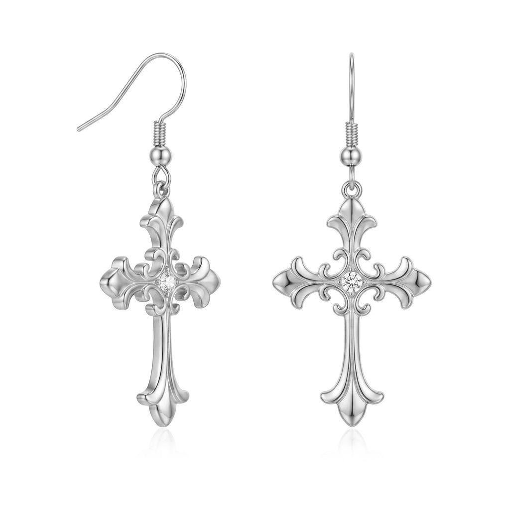 QIAOREN 10829 18K Gold Plated Stainless Steel Ornate Cross Earrings with CZ for Women