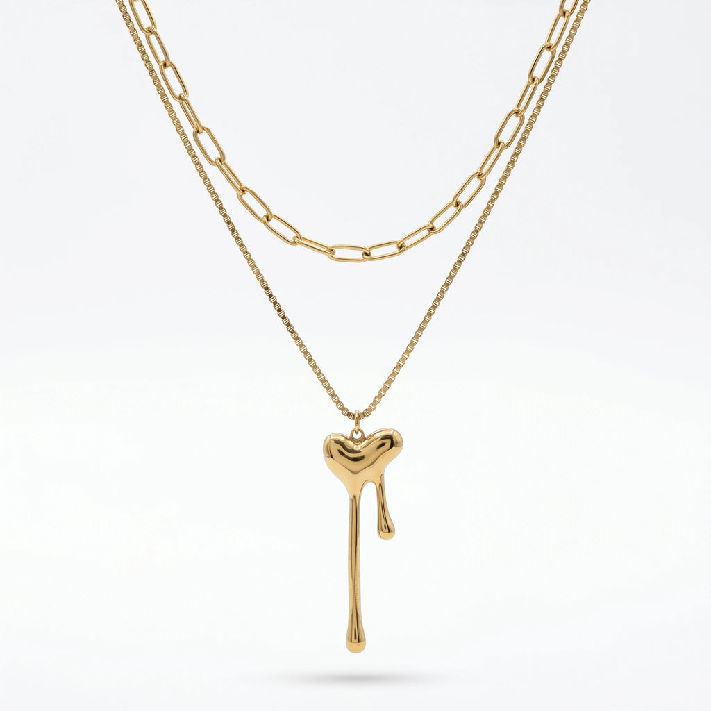 QIAOREN 11625 Stainless Steel 18K Gold Layered Necklace Melting Heart Pendant Double Chain Adjustable Jewelry for Women