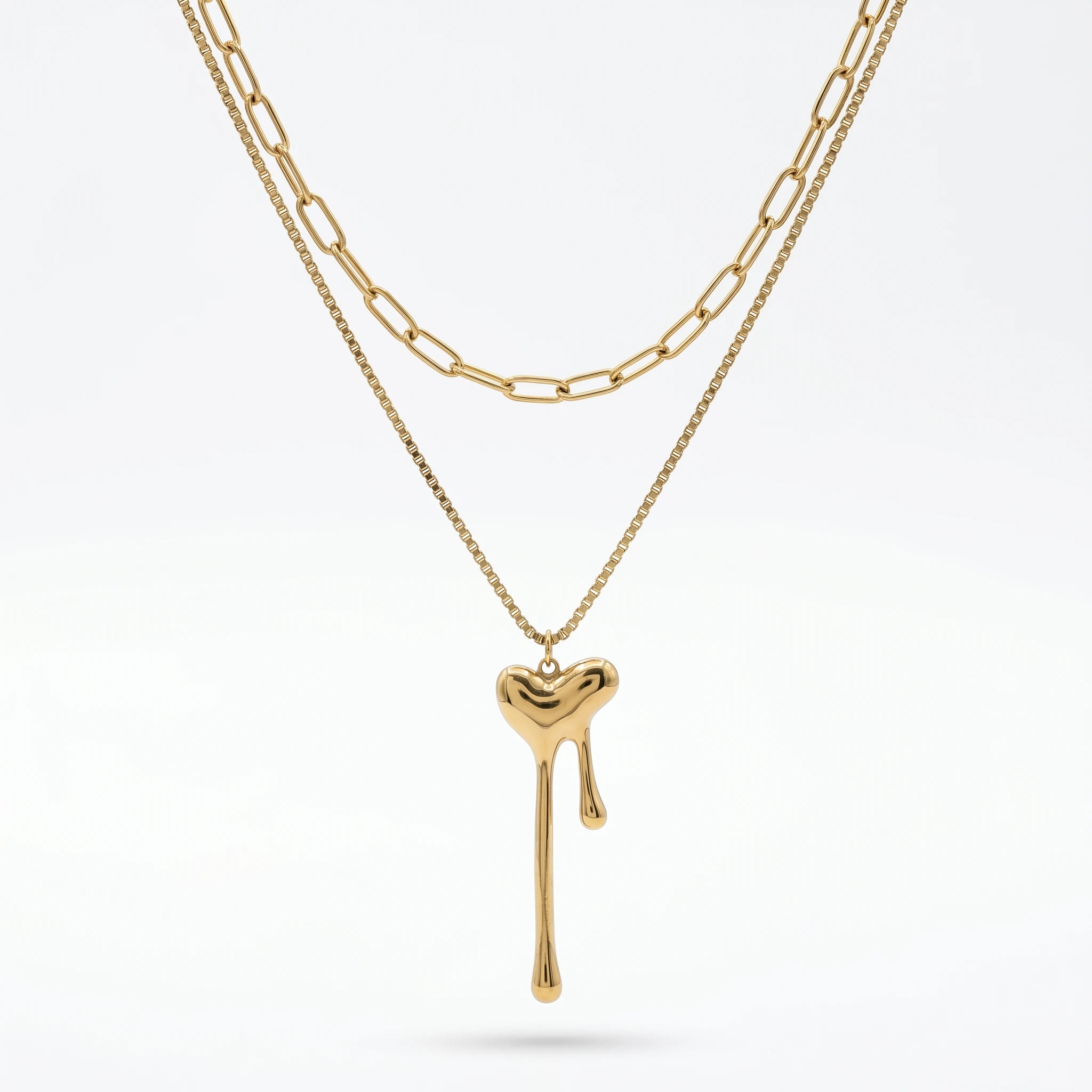 QIAOREN 11625 Stainless Steel 18K Gold Layered Necklace Melting Heart Pendant Double Chain Adjustable Jewelry for Women