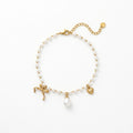 QIAOREN 13325 Dainty Pearl Anklet with Bow, Teardrop Pearl & Rhinestone Heart Charms, Elegant Sweet Foot Jewelry Gift