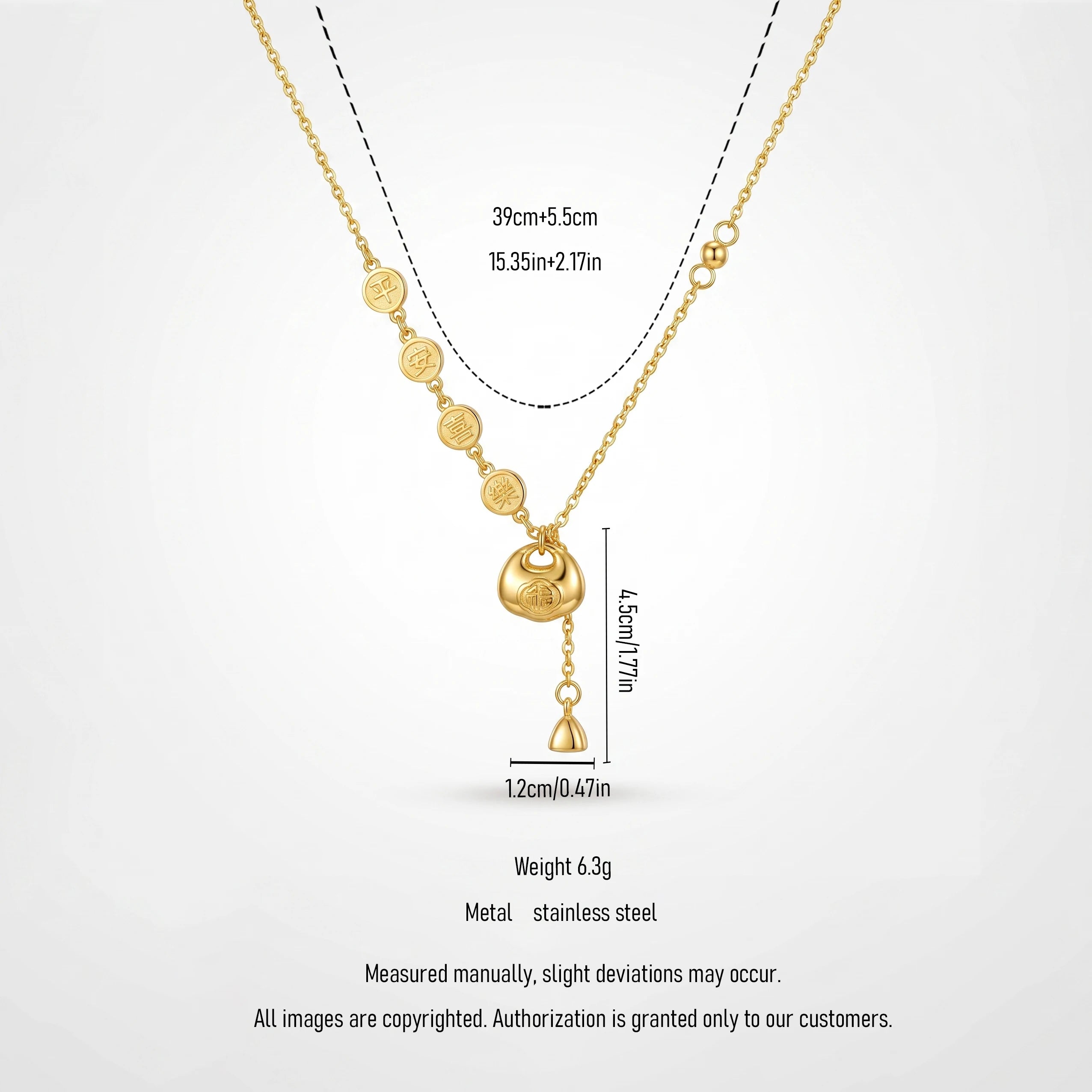 QIAOREN 13503 Chinese Blessing Ping an Le Fu Pouch Y Drop Necklace, Lucky Coin & Beaded Thin Chain Gold Necklace