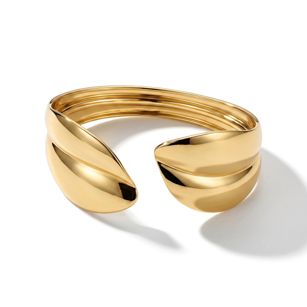 QIAOREN 12671 18K Gold Polished Double Teardrop Twist Open Cuff Bracelet Stainless Steel Glossy Multi-Layer Adjustable Wrist
