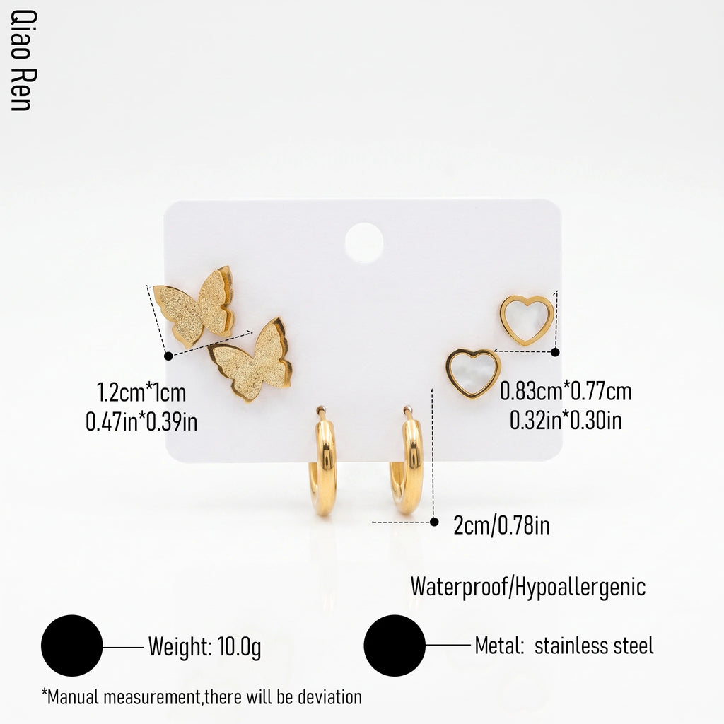 QIAOREN 14484 3 Pairs Gold Stainless Steel Earrings Set, Frosted Butterfly Studs, Shell Heart Studs & Minimalist Huggie Hoop Ear
