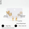 QIAOREN 14484 3 Pairs Gold Stainless Steel Earrings Set, Frosted Butterfly Studs, Shell Heart Studs & Minimalist Huggie Hoop Ear