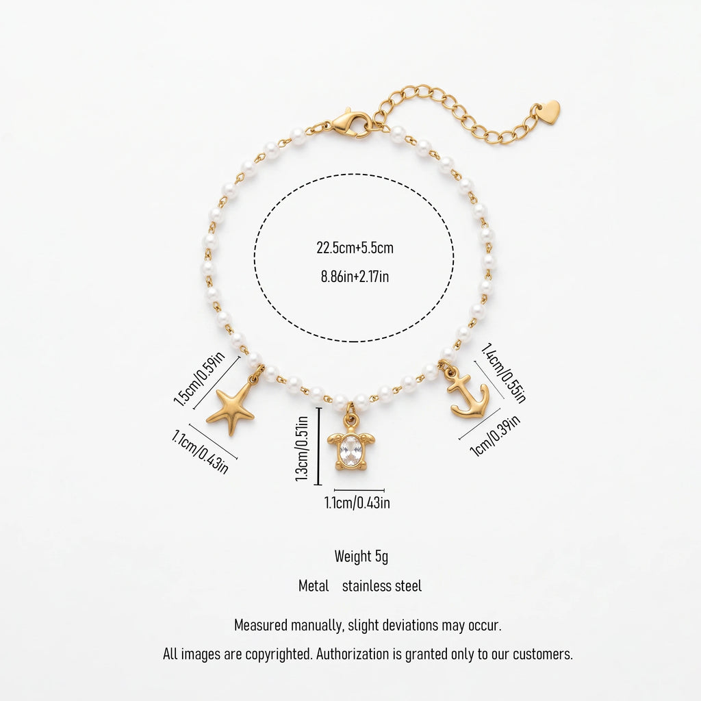QIAOREN 13328 Ocean Style Pearl Anklet with Starfish, Crystal Turtle & Anchor Charms, Coastal Vacation Foot Jewelry Gift