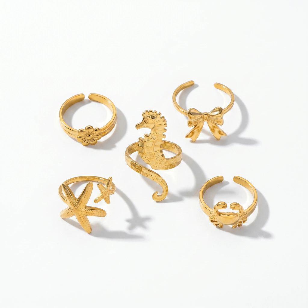 QIAOREN 13096-100 5Pcs 18K Gold Plated Stainless Steel Open Ring Set, Adjustable Stackable Sea Shell & Krab Finger Rings