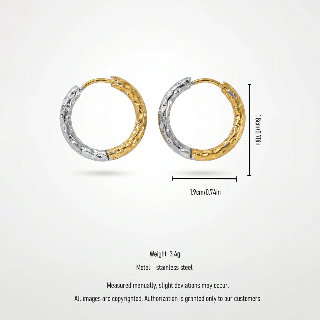QIAOREN 12424Trendy Mixed Metal Hoop Earrings Two Tone Hammered Stainless Steel Gold Silver Contrast Huggie Hoops Women US EU