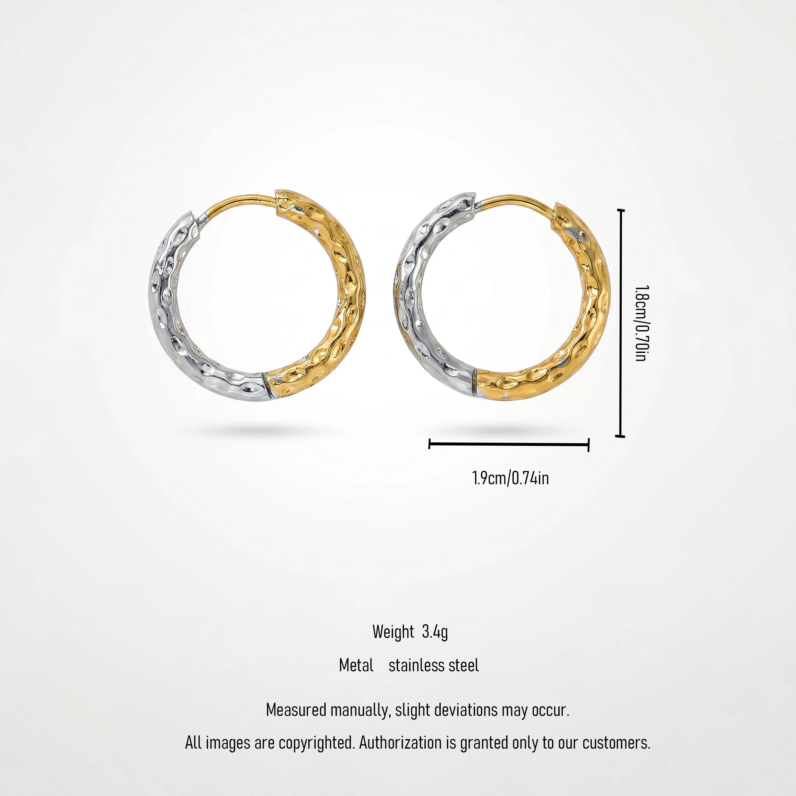 QIAOREN 12424Trendy Mixed Metal Hoop Earrings Two Tone Hammered Stainless Steel Gold Silver Contrast Huggie Hoops Women US EU