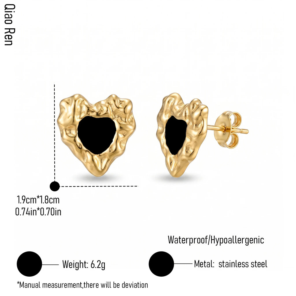 QIAOREN 14088-90 Stainless Steel Abstract Heart Stud Earrings Waterproof Hypoallergenic Gold Black Enamel Jewelry OEM ODM