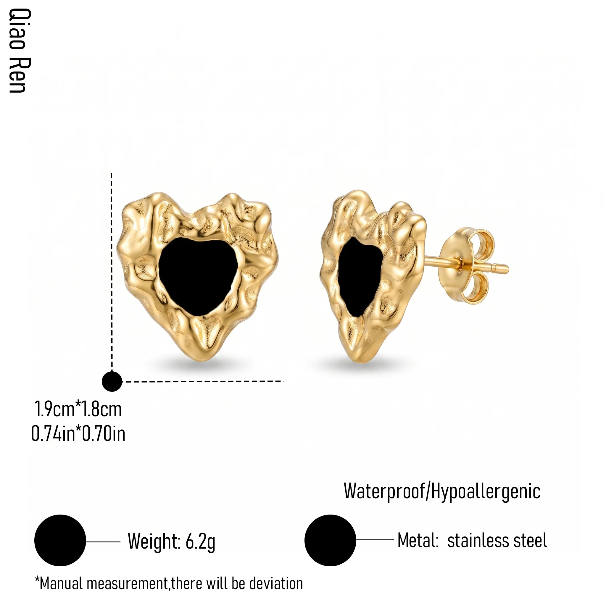 QIAOREN 14088-90 Stainless Steel Abstract Heart Stud Earrings Waterproof Hypoallergenic Gold Black Enamel Jewelry OEM ODM