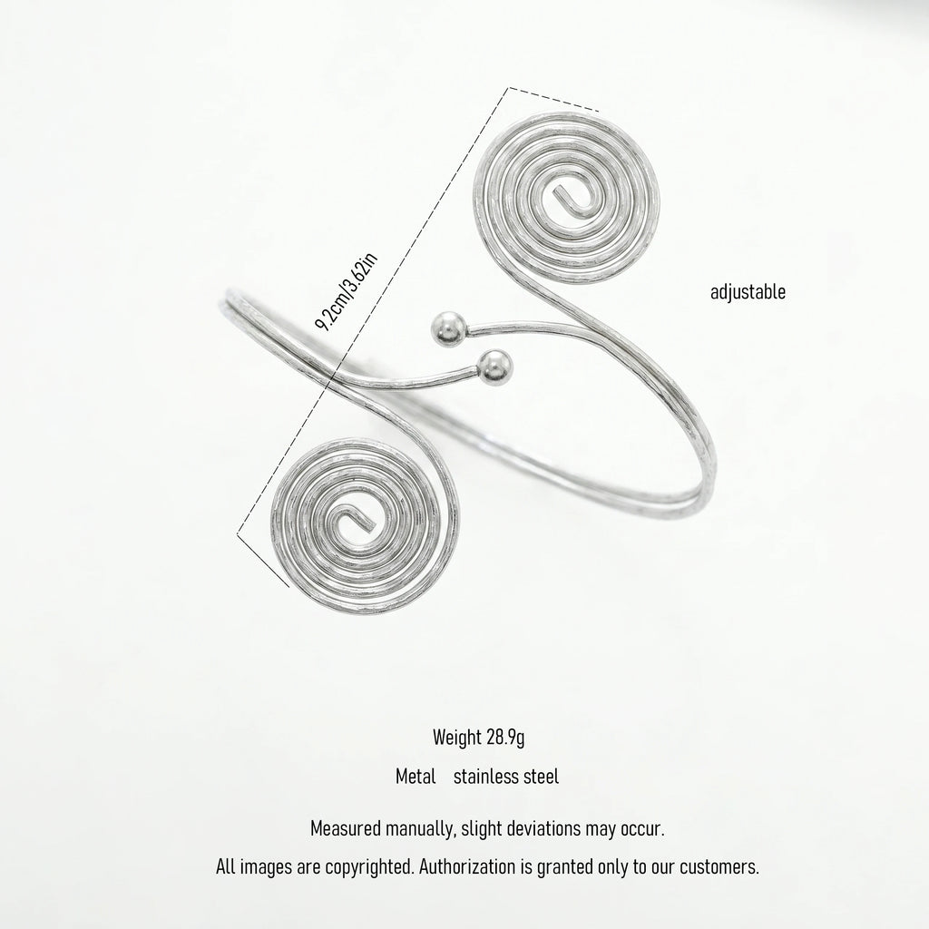 QIAOREN 12806 Stainless Steel Double Spiral Swirl Open Cuff Bangle Adjustable Silver Textured Wire Wrist Bracelet