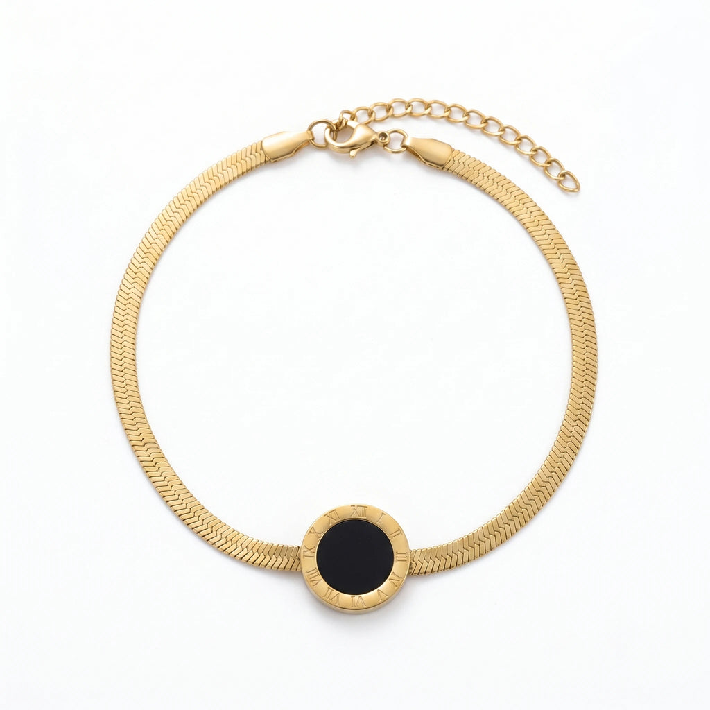 QIAOREN 11045 Luxury Gold Roman Numeral Anklet Stainless Steel Waterproof Snake Chain Beach Jewelry for Women
