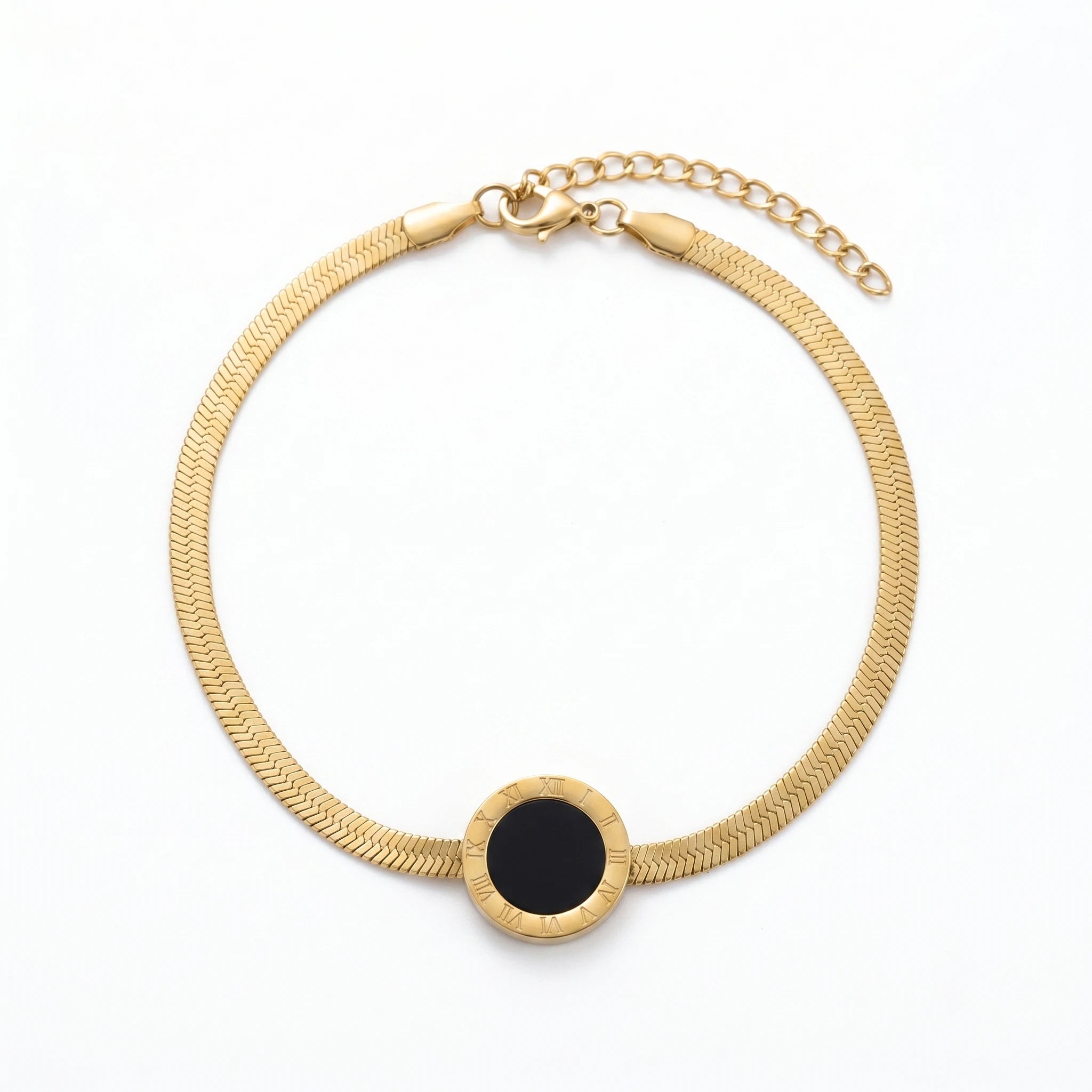 QIAOREN 11045 Luxury Gold Roman Numeral Anklet Stainless Steel Waterproof Snake Chain Beach Jewelry for Women